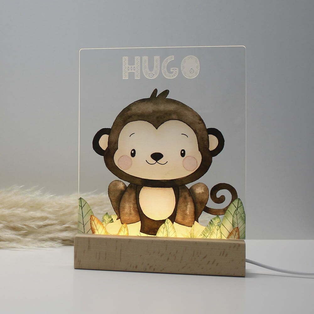 Dehome - Luz Nocturna Infantil Personalizada con Nombre – Lámpara Quitamiedos con el Nombre Grabado que se Ilumina – Luz LED Cálida, Regalo Bebé Nacimiento y Bautizo - Safari