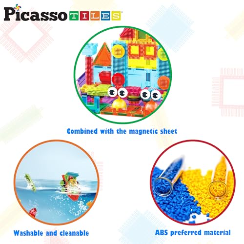 Image of PicassoTiles Magnetic Tiles & Hedgehog 2-in1 Interlocking Brush Connector Magnet Building Blocks Construction Set Learning Playset STEM Toys Development Preschool Education Toy Toddler Age 3 Up PTE21