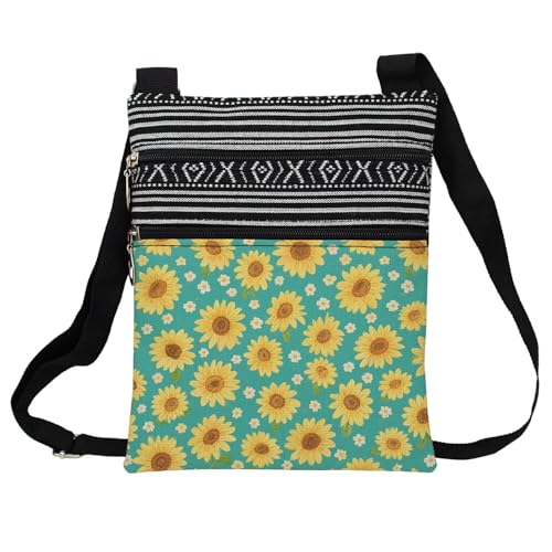 Blue-green Little Sunflower Messenger Bag Small Ethnic Pattern Adjustable Strap Crossbody Zipper Pouch Aesthetic Floral Phone Organizer Wallet Cute Shoulder Handbag for Women Friends