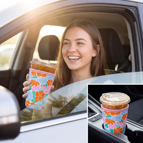 Reusable 3-Pack Insulated Neoprene Iced Coffee Cup Sleeve, 16-32oz Cold Drink Sleeve Compatible with Starbucks, Dunkin, Dutch Bros, Gong Cha (Matisse Flowers) — view 4