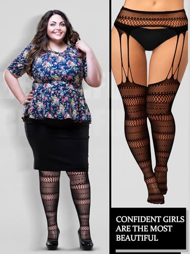 Image of Jadive 6 Pairs Women Plus Size Suspender Tights Fishnet Thigh High Stockings Garter Belt Lingerie Pantyhose