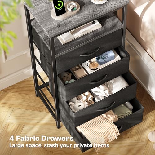 Image of Huuger Night Stand with Charging Station, 4 Drawer Dresser for Bedroom, Bedside Table, 33.5 Inch Tall Nightstand with Open Shelf, End Table, for Closet, Entryway, Bedroooom, Gray