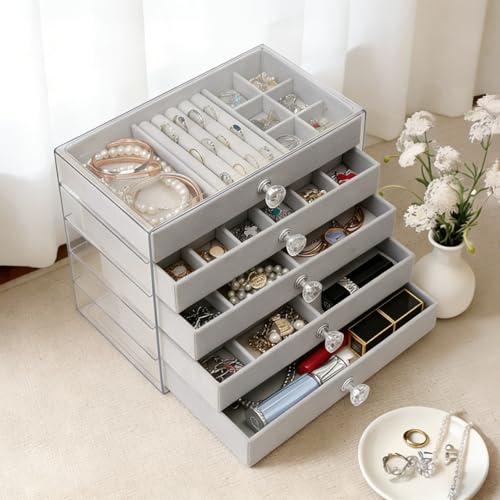 VirtuGro 5 Niveaux Boite a Bijoux Femme avec Cloison Amovible Gris