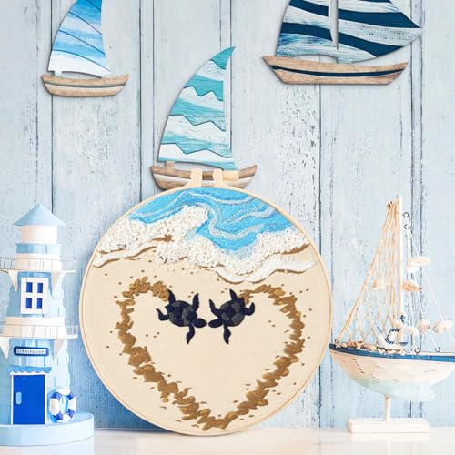 Image of Crafmanoe Beach Embroidery Kits for Beginners Adults, Coastal Stamped Cross Stitch Kits for Beginners Adults, Hand Embroidery Needlepoint Starter Kits, Valentine's Day Gift for Women (Video Tutorial)
