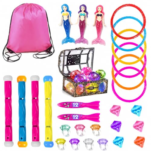 30 Pcs Diving Pool Toys for Kids Ages 3-12 - Little Mermaid Toys for Girls Dive Sticks Treasure Chest Pink Shark Torped & Gems with Storage Bag Summer Swim Water Toys for Pool Games Bath & Party