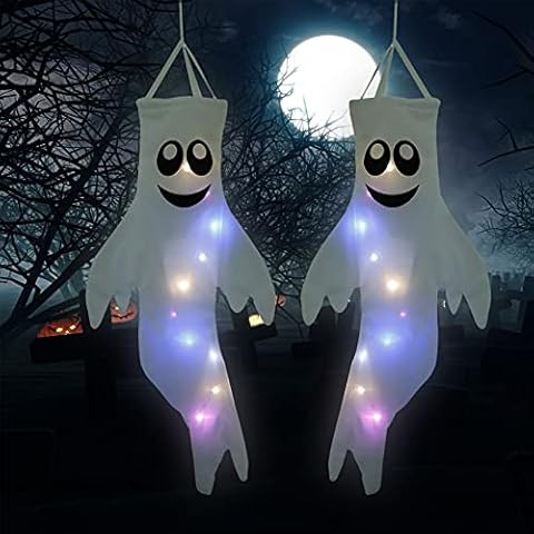 LUCKYBUNNY 2 Pieces Ghost Windsocks with LED Light, Halloween Windsock Flag Halloween Decoration Ghost Decorations for Outdoor Yard Porch Garden Tree Cover