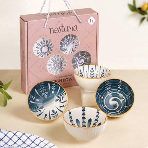 Image of Nestasia Ceramic Snack Bowl Set of 4 (300ml Each) - Dishwasher & Microwave Safe Bowls for Serving Soup, Rice, Dal, & Salad | Botanical Printed Bowls with Glossy Finish - Ideal for Gifting