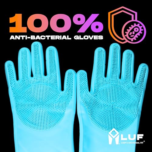 Image of LUF Dishwashing Hand Gloves for Kitchen, 100% BPA Free Silicone Gloves for Washing Utensils, Dog Cleaning & Pet Bathing, Cooking | Waterproof - Heat Resistant - Long Scrubber - Reusable - 1 Pair