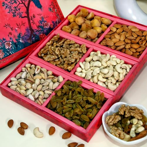 Image of Riwaz Prime EL Pink Diwali Dry Fruit Gift Box | Premium Royal Hamper - 6 Assorted Nuts & Dried Fruits: Almonds, Cashews, Pistachios, Walnuts, Raisins & Khumani | Luxury Festive & Corporate Gifting