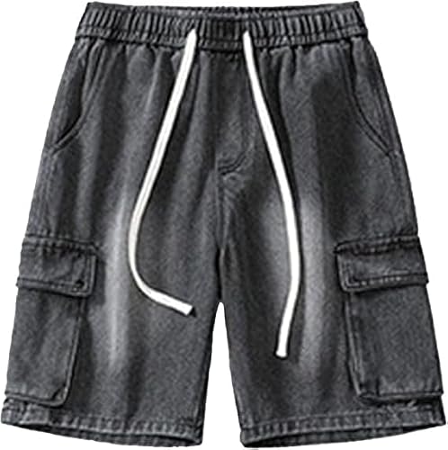 QOAAIE Elastic Drawstring Denim Shorts for Men Baggy Fashion Jean Shorts with Pockets Work Streetwear Shorts (Dark Gray B1,L)