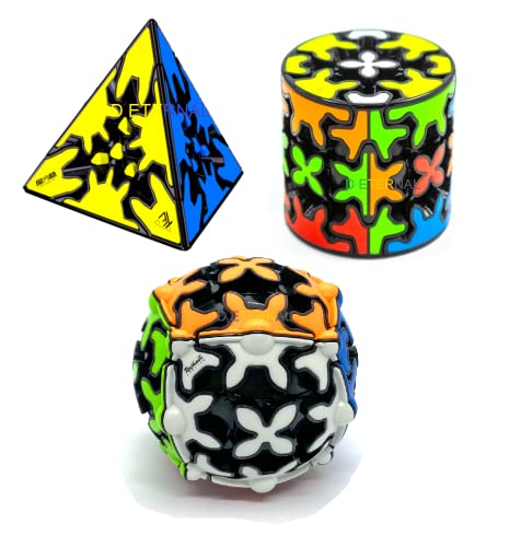 Image of D ETERNAL QiYi Gear Cube Combo Set of Sphere Pyraminx and Cylinder Shaped Speed Magic Cube Puzzle (Tiled)