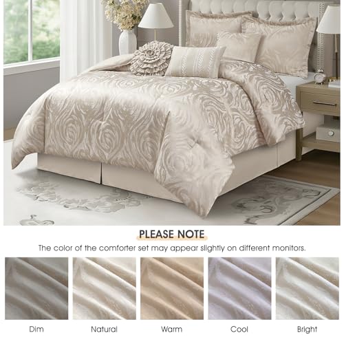 LANCO MODERN LIFESTYLE Gold 7 Piece Comforter Set, California King, Elegant Floral Jacquard, Ultra Soft Bed Set for All Seasons, Bed in a Bag with Comforter, Bed Skirt, Pillow Shams & Decor Pillows by LANCO MODERN LIFESTYLE - Used condition - Image 4