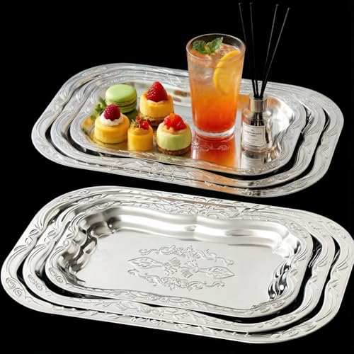 Stainless Steel Serving Tray, 3pcs Silver Tray Embossed Floral Kitchen Dining Home Decor – Vintage Jewelry Organizer Elegant Dessert Platter Candy Table Birthday Wedding Party Supplies