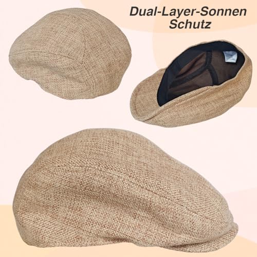 HIQIU Klassische Schiebermütze Herren aus Baumwolle Leinen - Gatsby Flatcap Herren Newsboy Cap Efeu Hut Baskenmütze (DE/NL/SE/PL, Alphanumerisch, L, Khaki)