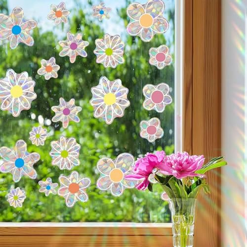 Muorruo 22 Bunte, Selbstklebende Fensteraufkleber mit Blumenmuster aus prismatischem Vinyl, Vogelschutz, Regenbogenreflexion, Sonnenfänger-Aufkleber im Blumenstil für Glasfenster