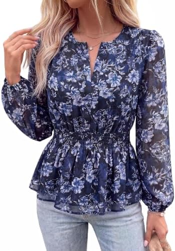 BTFBM Womens Tops Dressy Casual Floral V Neck Long Sleeve Chiffon...