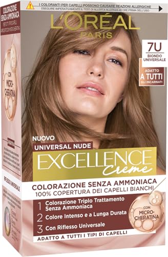 L’Oréal Paris Colorazione Permanente, Copertura dei Capelli Bianchi a Lungo, Risultato Naturale e Luminoso, Formula senza Ammoniaca, Excellence Universal Nude, Tonalità: Biondo (7U)