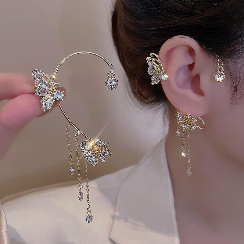 Butterfly Tassel Style Zircon Earrings,Butterfly Tassel Flowers Ear Cuff Earrings Long Shiny Zircon no Piercing Butterfly Ear Clips,Flower Tassel Long Earrings Women's Girls Jewelry Gift (silver)