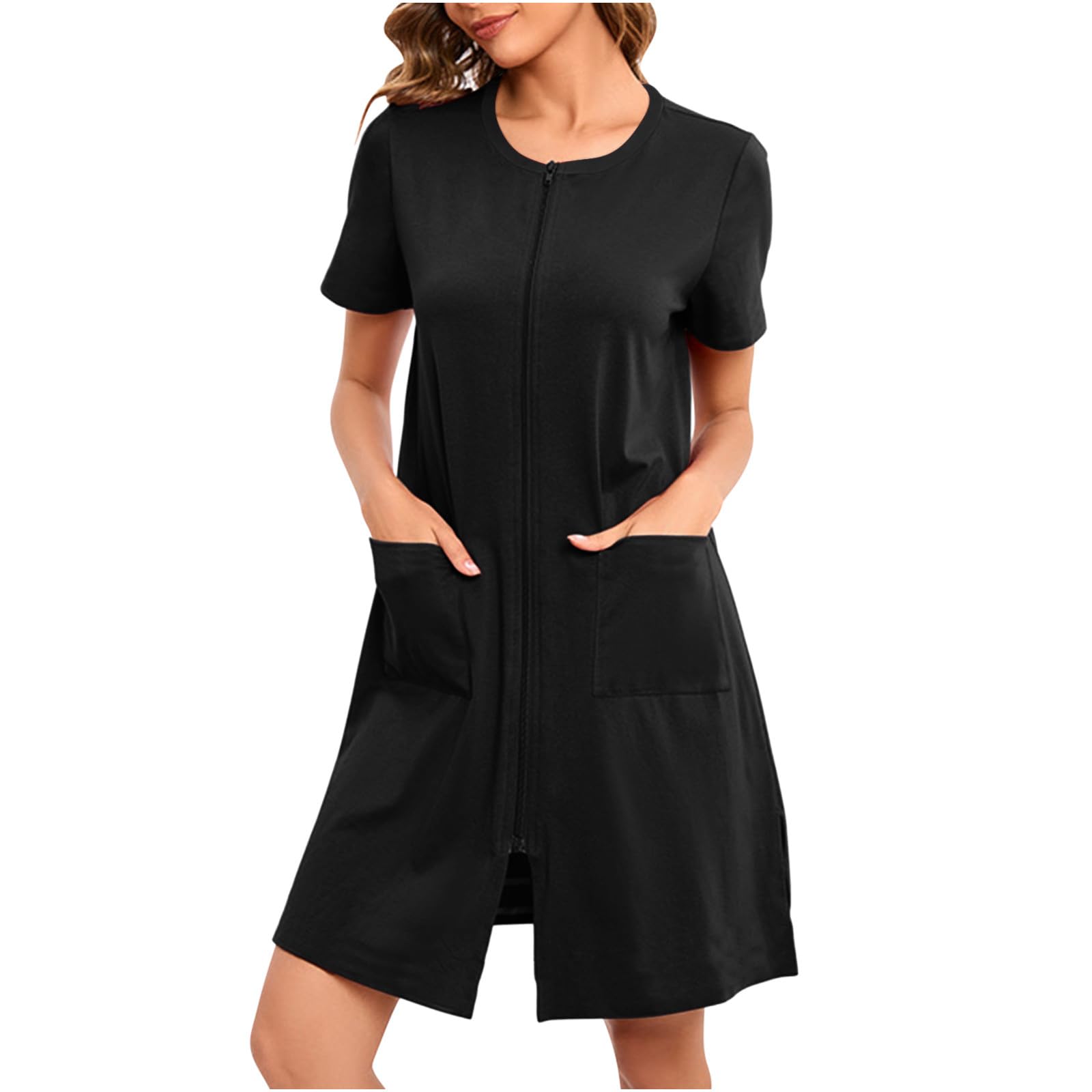 Womens Bathrobe with Pockets Lightweight Soft Robes Casual Sleepwear Front Full Zipper Short Sleeve Loungewear