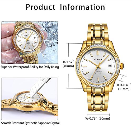Image of BINLUN Men's Automatic Gold Watches 18K Gold Plated Diamond Mechanical Watch Waterproof Stainless Steel Skeleton Wrist Watch for Men