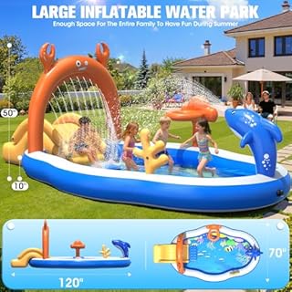 StarOcean 2026 Large Inflatable Play Center,Kiddie Pool with Water Slide&Sprinkler,120''x70"x50''Inflatable Toddler Pool with Slide,BlowUp Water Play for Toldder,Inflatable Water Park for Kid Backyard