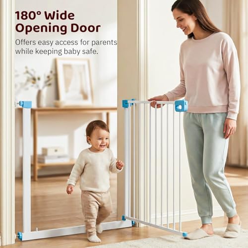Image of Baybee Baby Safety Gate for Door & Stairs 75-85 cm | No Drill Auto-Close Safety Gate for Kids & Pets | 180 Wide Opening Door Safety Gate | Adjustable Baby & Dog Gate Barrier for Home (White & Blue)