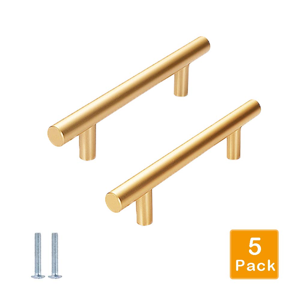 WAFJAMF5 Pack - 6 "(151mm) Gold Cabinet Drawer Pulls Kitchen Hardware -Solid Aluminum Alloy - Modern Euro Style T Bar Door Handles Pulls