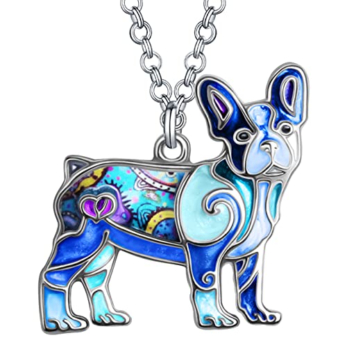 DUOWEI Enamel French Bulldog Dog Necklace Rhinestones Pendant Cute Design for Women (Navy)
