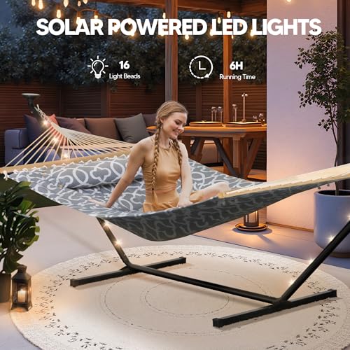 Image of SUNCREAT Hammocks Outdoor 2 Person Hammock with Solar Powered Lights, Double Hammock with 12 ft Stand Included, Light Gray