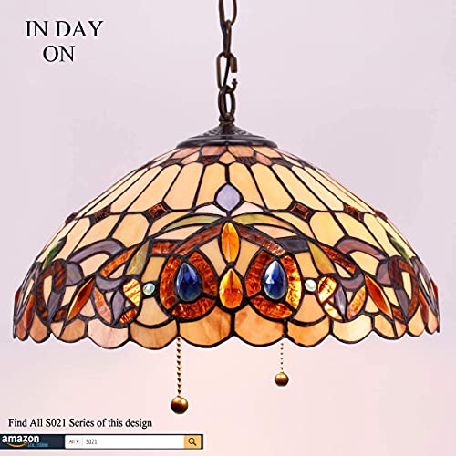Werfactory Tiffany Pendant Light Fixture Serenity Victorian Stained Glass Hanging Lamp Wide 16 Inch, Height 40 Inch S021 Series #TOP2