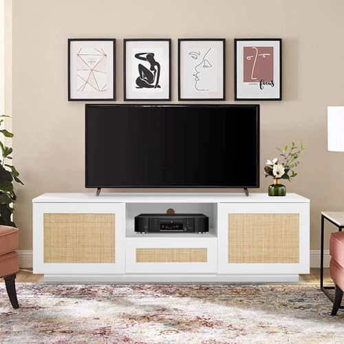 ENSTVER 59\" TV Stand with LED Lights for TVs up to 65 inches, Boho TV Console with 2 Rattan Doors&1 Drawer, Media Entertainment Center with Cabinet&Open Storage for Living Room - Thumbnail 4