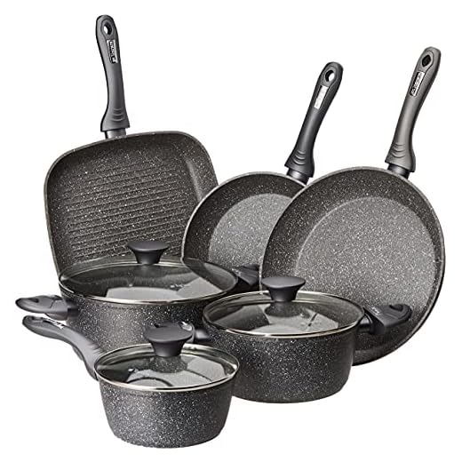 Tognana Mythos, Batteria di pentole e padelle, Set con 3 casseruole, 2 padelle, 1 grill, 3 coperchi, 9 Pezzi, Alluminio, Grigio