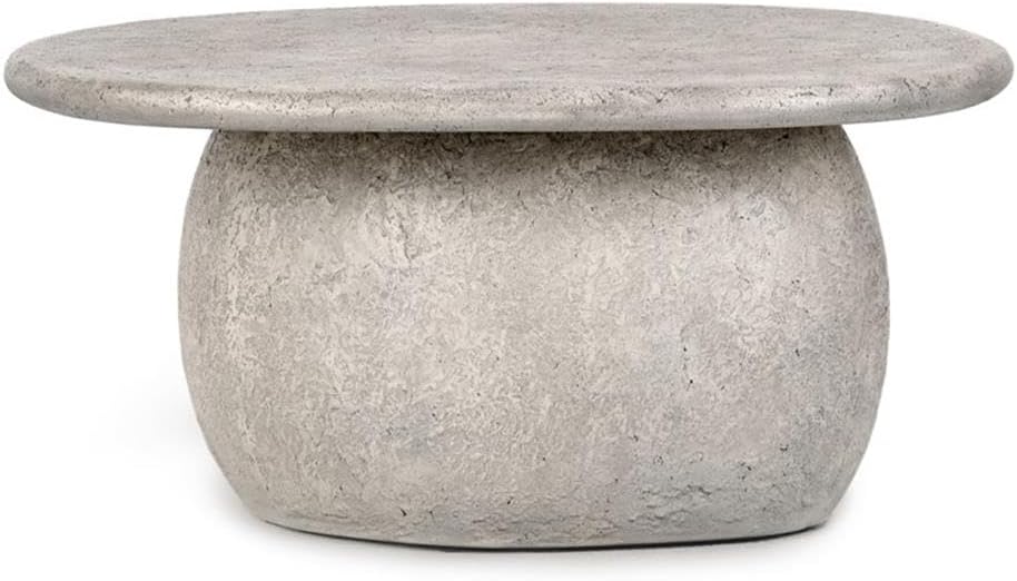 Pemberly Row 42-Inch Round Outdoor Coffee Table, Light Gray Concrete Stone, Plinth-Style Base, Smooth Finish, Durable Modern Industrial Design for Patio or Backyard Spaces