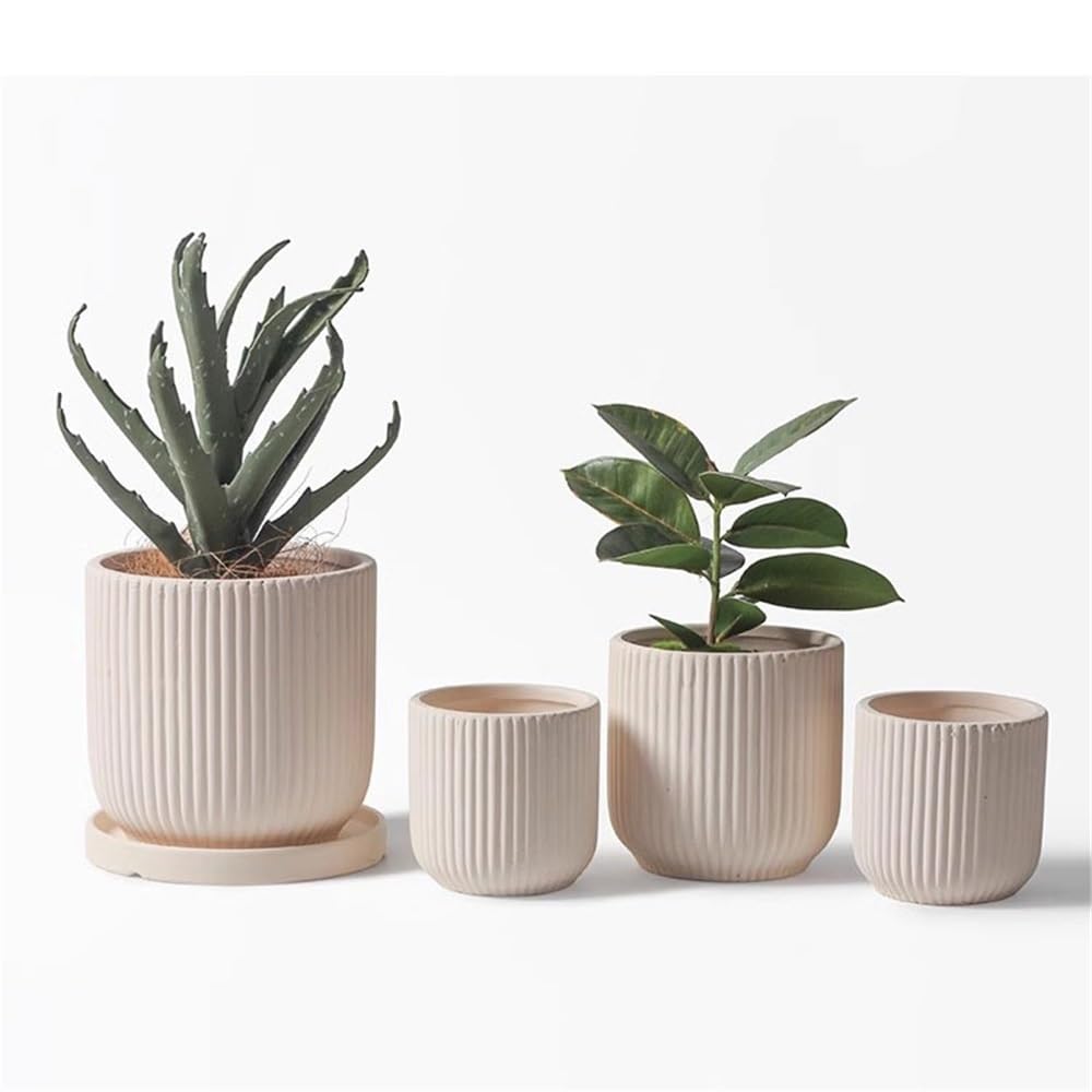 Pot De Fleur Exterieur Pot de fleur rond beige avec stries, pot de plante de table en céramique, récipient décoratif de fleur botanique for chambre à coucher, bureau, jardin, patio Pots De Pépinière(P