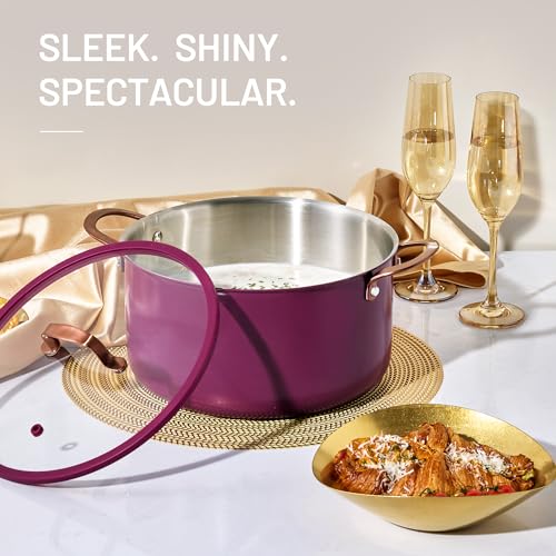 Image of CAROTE 8QT Full Clad Tri Ply Stainless Steel Stock Pot with Lid, Kitchen Stockpot Soup Pot, Outer Ceramic Layer, Even Heating, All Stoves Compatible, Oven & Dishwasher Safe, Stay Cool Handle, Purple