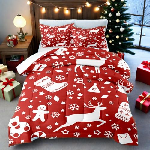 SANOCAY Best Gift Merry Christmas 3 Pcs Bedding Comforter Sets with Christmas Pattern 1 Comforter and 2 Shams for Party Travelling Decor for All Seasons (Many Christmas Element, Queen 90x90 Inch)