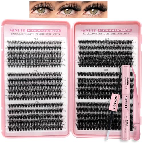 Cluster Lashes Kit 590Pcs Individual Eyelashes Book Natural Eye Lashes Book with Bond and Glue 8-16mm Eyelash Clusters D Curl Volume DIY Eye Lashes Extension kit (30+40+50+60+80+100D)