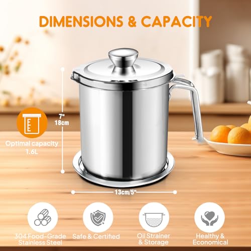 Image of Chihee Oil Strainer Pot Grease Can 2 L Stainless Steel Oil Storage Can Container with Fine Mesh Strainer Dust-proof lid Non-slip Plate Suitable for Storing Frying Oil and Cooking Grease | Easy to Clean Large Spout Bacon Grease Saver Cooking Oil Keeper Stoarge Can with Dust-proof Lid Non-slip Tray Kitchen Frying