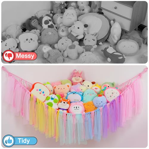 Image of FIOBEE Stuffed Animals Net LED Light Toy Hammock for Kids Bedroom Storage | Stuffed Animals Storage Organizer, Girls Room Decor, Teddy Bear Holder, Space Saving, for Kids Nursery Bedroom Playroom
