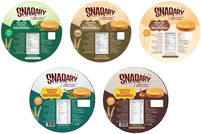 Snaqary Multigrain Khakhra Combo - Methi, Masala, Plain, Moong & Jeera | Wholesome Indian Snacks, 100% Natural, Diet-Friendly Delight (5 Packs, 200g Each)