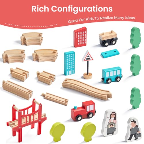 tiny land wooden train set for toddler - 39 pcs- with wooden tracks compatible with major brands - expandable changeable-train toy for 3 4 5 years old girls amp boys