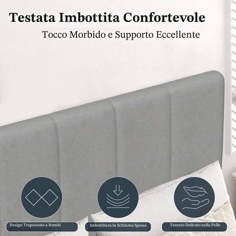 YIDATONG Letto Imbottito 90x200 cm, Rete letto a Doghe in Metallo e Contenitore Spazio, Letto per Singolo con Testiera Regolabile, Struttura Letto in Legno Solida, Facile da Montare
