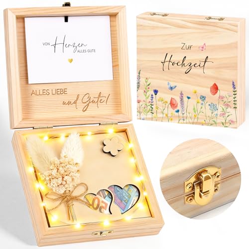 Geldgeschenk Hochzeit Verpackung aus Holz Hochzeitsgeschenk Geschenkbox mit LED Lichterkette Hochzeitsgeschenke für Brautpaar Geschenkbox Liebe Verlobungsgeschenk Geschenk Hochzeit