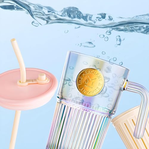 Image of Iridescent Glass Tumbler with Handle Lid and Straw - 530ML, Set of 1, Travel Coffee Sipper Mug Leakproof for Juice Cocktail Iced Tea Smoothie Hot Cold Drink Cup (Receiving Random Color)