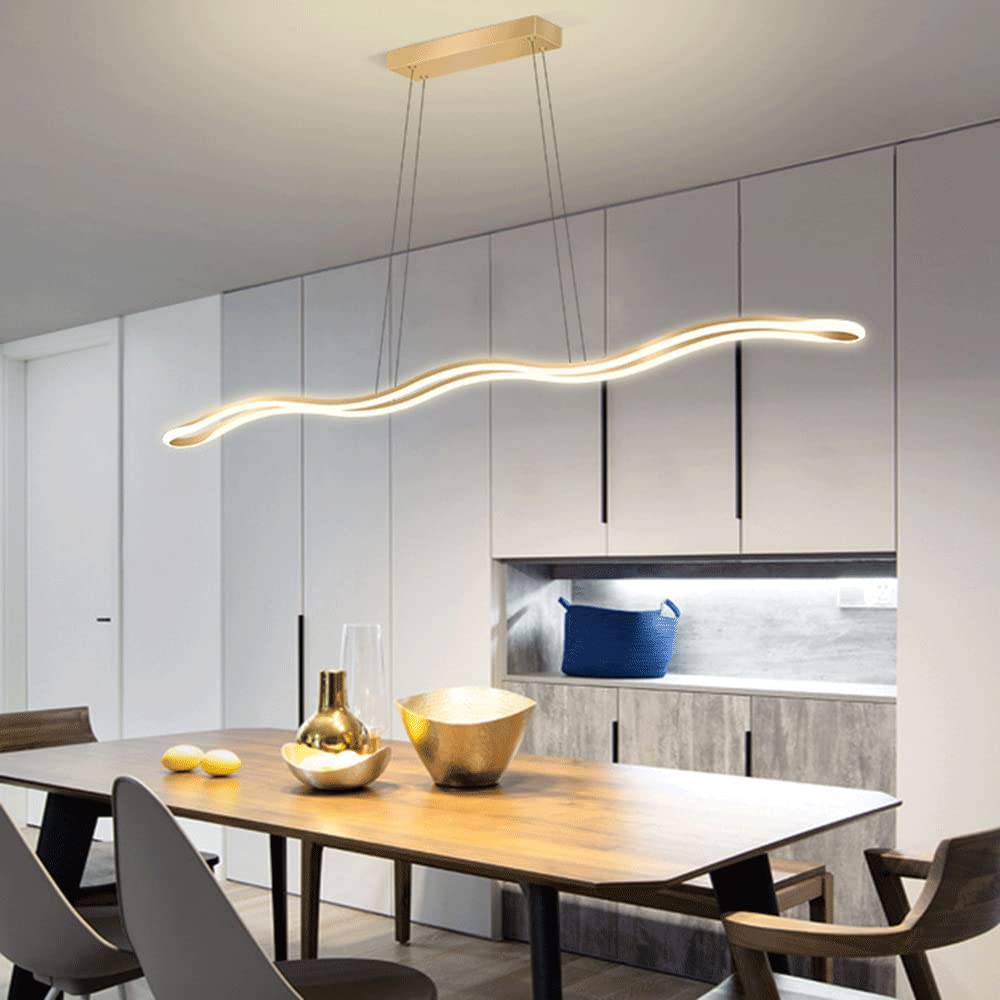 Liniowa metalowa długa lampa wisząca, wiszące światła złotej fali, nowoczesne lampy wiszące LED 52 W, dekoracyjna lampa nastrojowa do jadalni, proste żyrandole z wyspą kuchenną