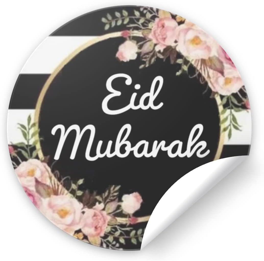 Black Vintage Floral Stripes | Eid Mubarak Sticker | 2 X 2 inch | Circle | Self Adhesive | Set of 24 Use for Goodie Bags, Party Favors, Greeting Cards, Gift Bags,Gift Boxes, and Cookie Boxes