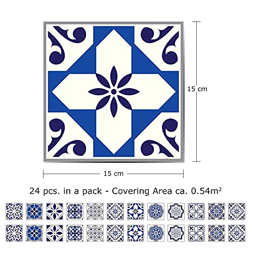 Walplus 24Pcs 6" Peel And Stick Vinyl Backsplash Tiles Stickers Tile Paint Removable Waterproof Self-Adhesive Decals Vinyl Home Kitchen Bathroom Spring Easter Decoration (Spanish & Moroccan Blue) #TOP5