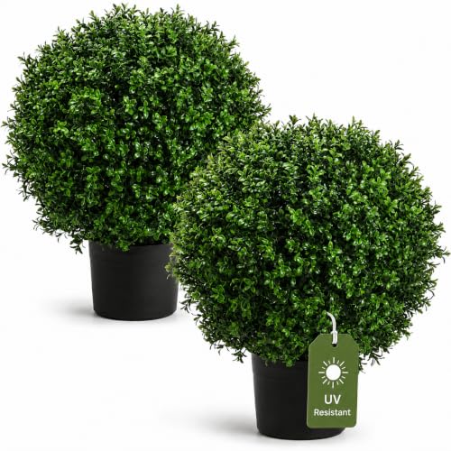 QAOUIEP Artificial Topiary Trees 24 Inch, Set of 2 Faux Boxwood Plants with Real Touch Leaves...