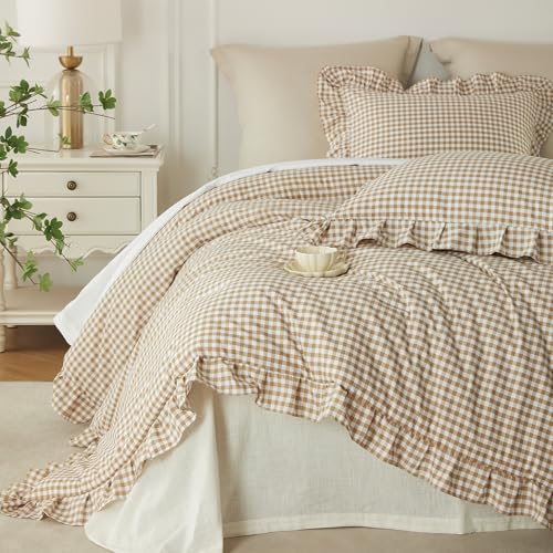 Image of Cupocupa Gingham Ruffle Comforter Set King - 3 Piece Tan Checkered Bedding Set - Aesthetic Cottagecore Ruffled Farmhouse Comforter with 2 Pillow Shams - Soft, Lightweight All Season Bedding