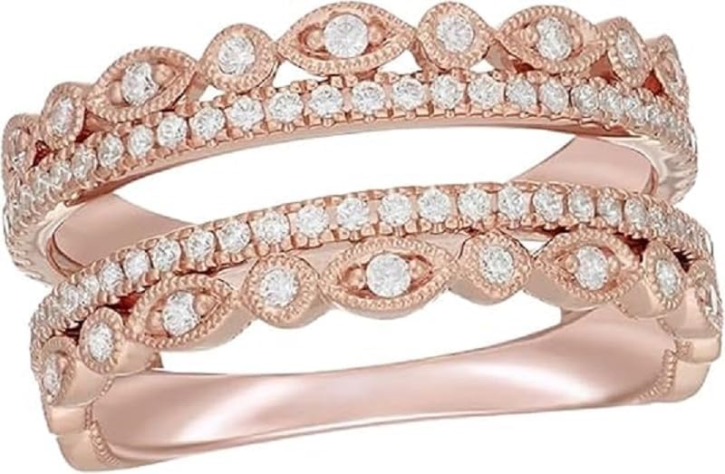 925 Sterling Silver Round Cut White Diamond Miligrain Double Row Wedding Engagement Enhancer Wrap Ring Guard for Women's In 14K Rose Gold Finish